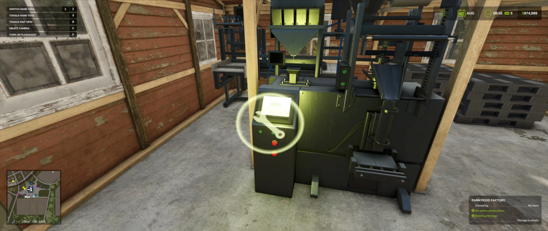 FS25 Small Food Production mod showing machinery in a barn, featuring control panel and processing equipment.