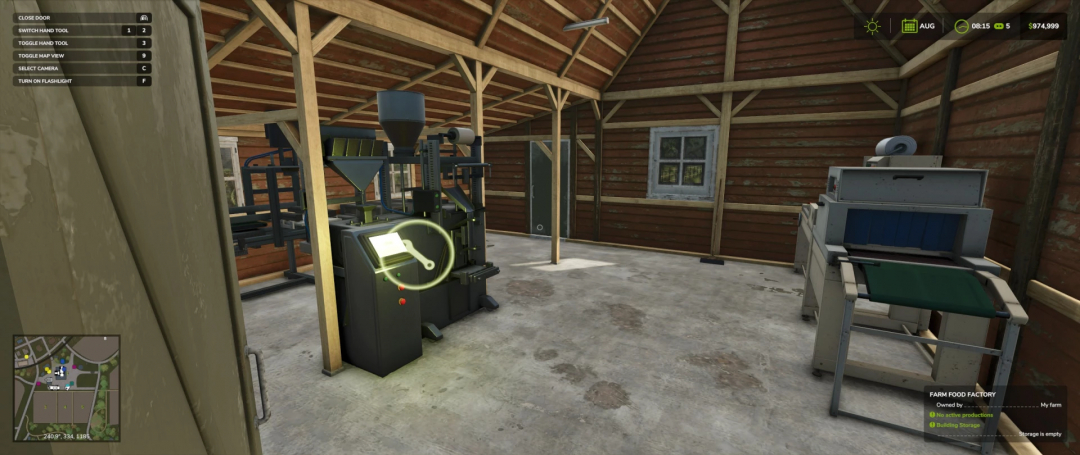 Interior of Small Food Production mod in FS25 with machines and production interface.