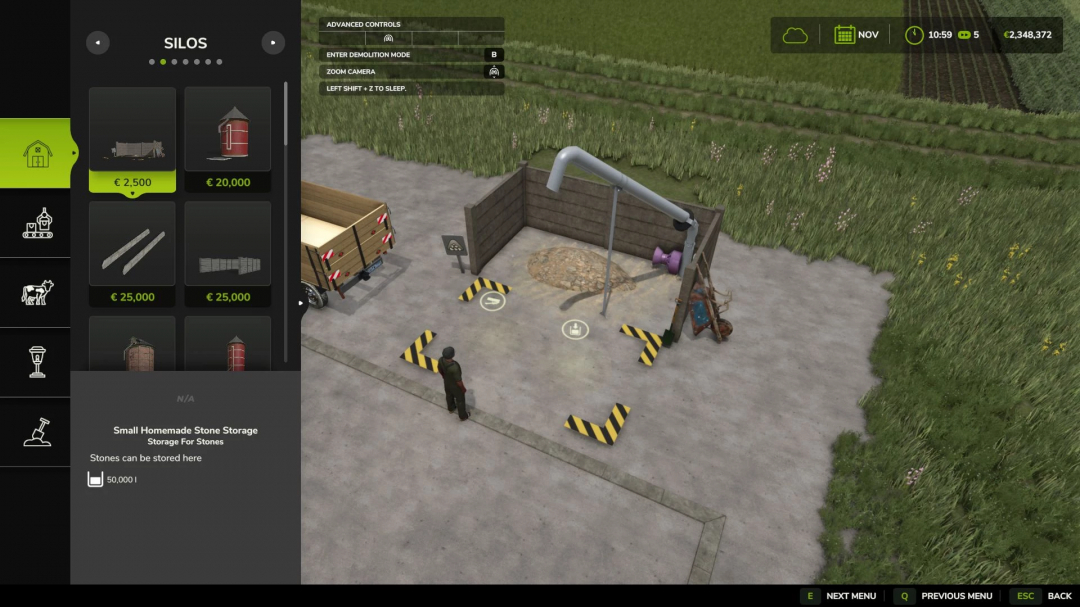 FS25 Small Handmade Stone Silo v2.1.0.0 mod showing storage area with stone pile, tractor trailer, and control menu.