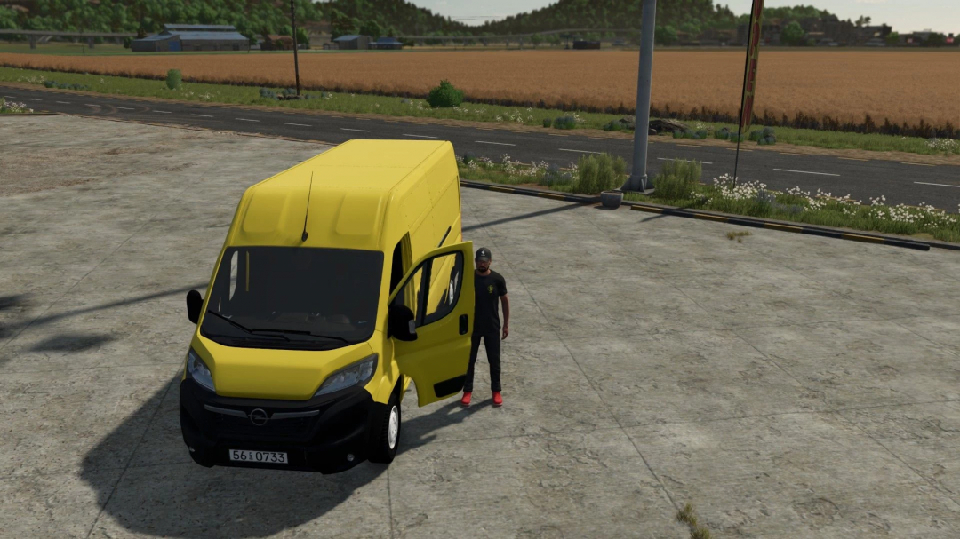 FS25 Stellantis Pack Van 2023 mod featuring a yellow van and a person standing beside it in a rural setting.