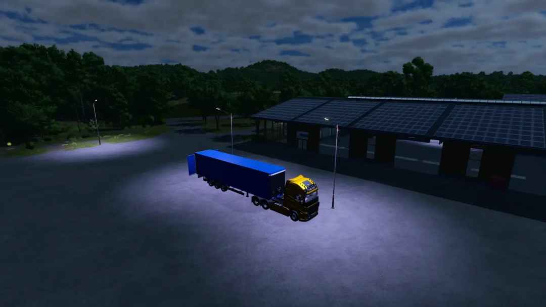 FS25 mods: Streetlamps Pack v1.0.0.0 lighting a parked truck at night in Farming Simulator 25.