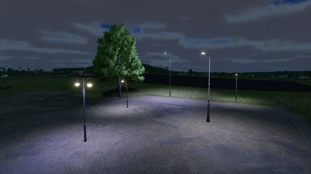 Streetlamps Pack mod in FS25 illuminating a rural area at night.