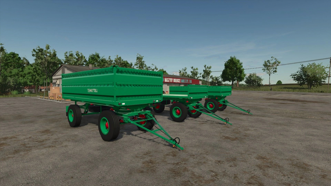 FS25 mod Tehnostroj 7t v1.0.0.0 showing two green trailers in a farm setting.