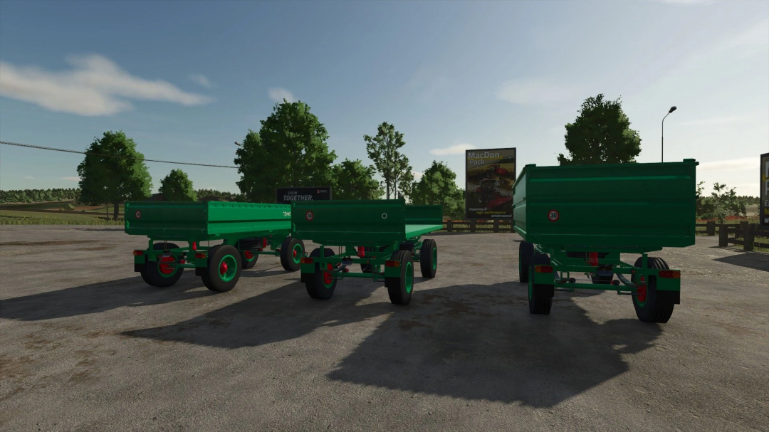 Tehnostroj 7t trailers mod for Farming Simulator 25 in a parking lot under a clear sky.