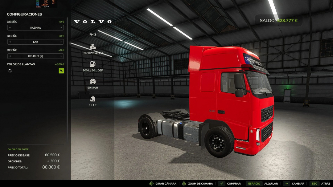 FS25 Volvo FH3 v1.0.0.0 mod showcasing a red truck in a garage setting with configuration options displayed.