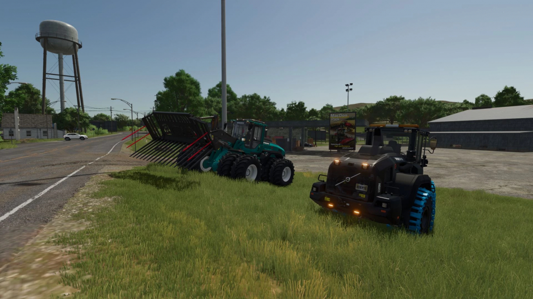 Volvo L120H mod in FS25, featuring two modified tractors in a rural setting.