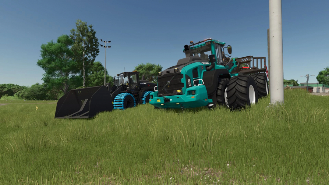 FS25 mod showcasing Volvo L120H v1.0.0.1 with custom green and black design on a grassy landscape.