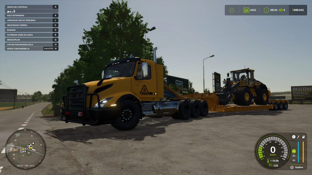 Volvo VNX 300 truck mod in FS25 transporting a loader on a trailer.