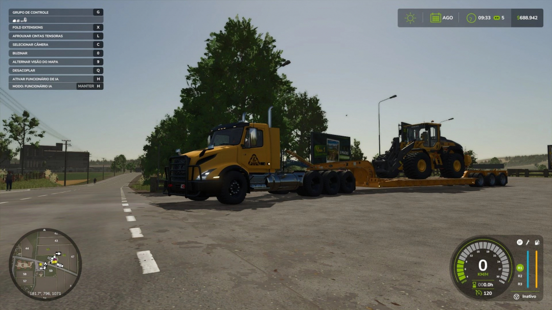 Volvo VNX 300 hauling equipment in FS25 mod, showcasing realistic gaming environment.