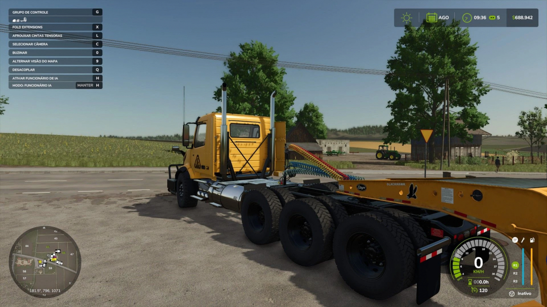 Volvo VNX 300 truck mod in Farming Simulator 25, showcasing a yellow cab with multiple axles in a rural setting.