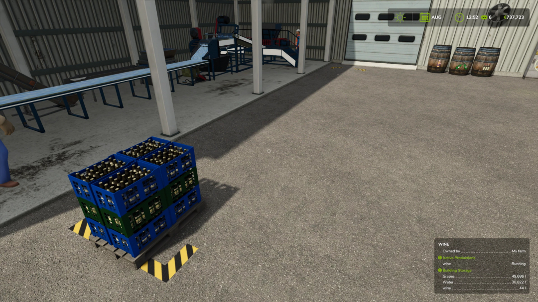 FS25 Wine Production mod: crates of wine bottles in a production facility.