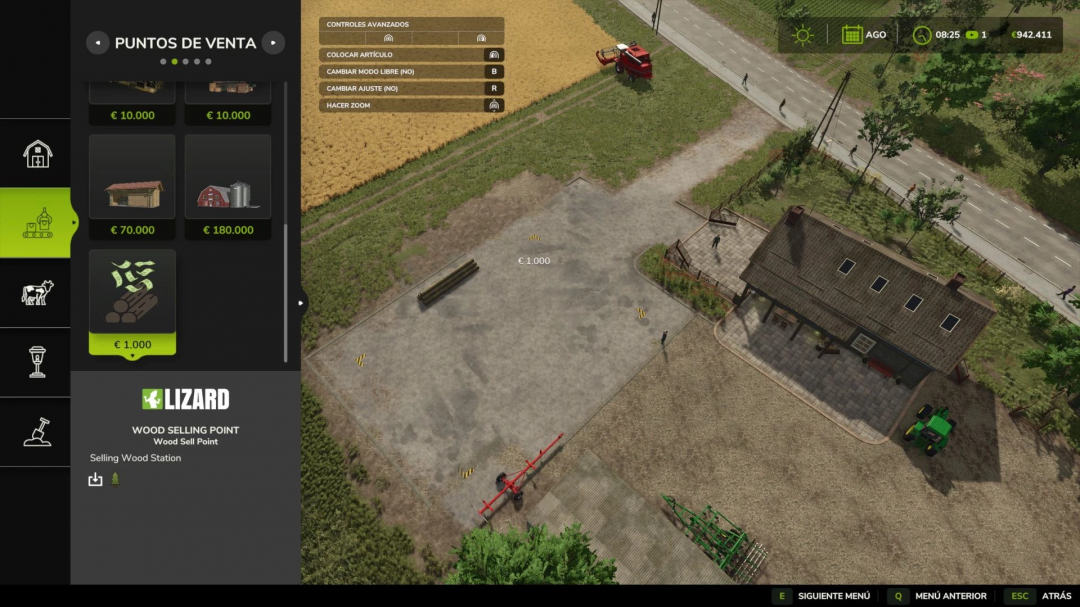 FS25 Wood Sell Point mod showing various sale points and a processing area in Farming Simulator 25.