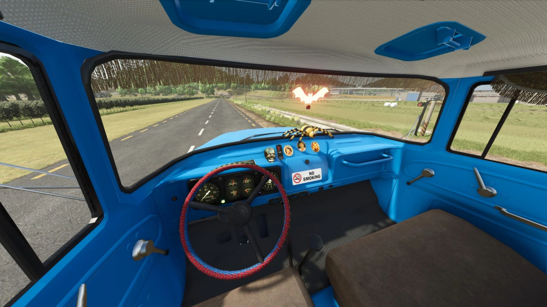 FS25 mod Zil 130 interior view showcasing steering wheel and dashboard details.