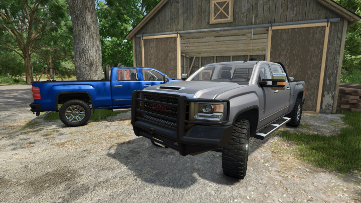 fs25-mods,  2018 GMC Sierra 2500 mod for FS25 parked beside a barn.