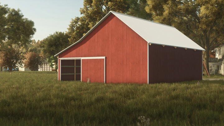 fs25-mods,  Red hay shed in a grassy field from FS25 mods, 32x34 Hay Shed v1.0.0.0.