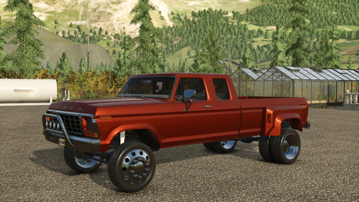 fs25-mods,  Red 78 Ford F350 mod v1.0.0.0 parked in FS25, showcasing Farming Simulator 25 mods.