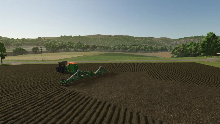 fs25-mods,  FS25 mod Amazone Seeder Spreaders Pack v1.0.0.0 in use on a farm field, showcasing modern farming equipment.