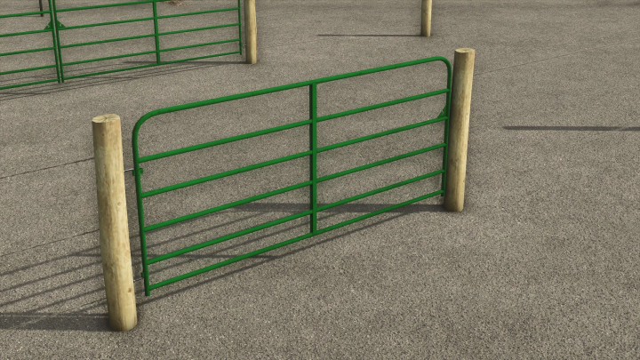 fs25-mods,  FS25 mod American Fence and Gates v1.0.0.0 showing a green metal gate with wooden posts.