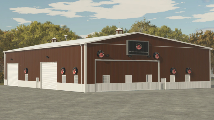 fs25-mods,  Modern American Midwest shop mod for FS25 featuring large brown building with garage doors. Farming Simulator 25 mods.