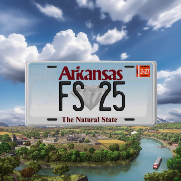 fs25-mods,  Arkansas License Plate mod for FS25 showcasing a scenic farm landscape background.