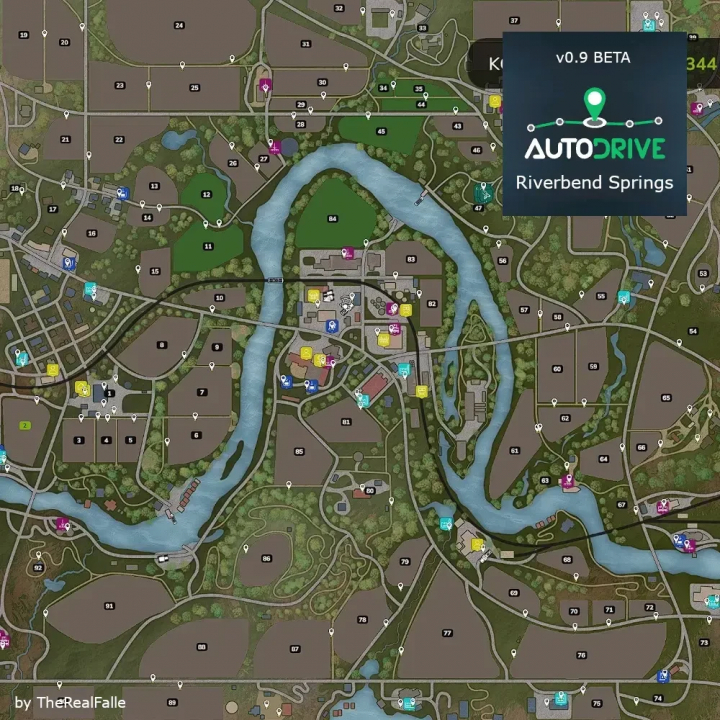 fs25-mods,  Map of Riverbend Springs in FS25, showcasing the Autodrive Course by TheRealFalle v0.9.0 Beta. Features fields, rivers, and roads.