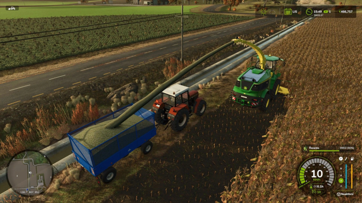 fs25-mods,  FS25 mod BSS P73SH v1.0.0.1: Tractor and harvester in a field with trailer on road.