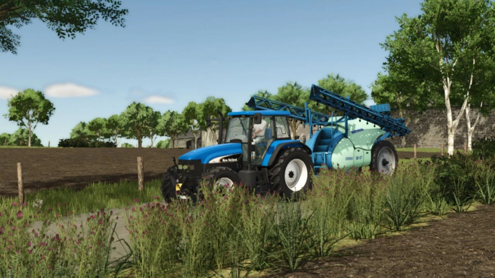 fs25-mods,  A New Holland tractor towing a Berthoud Tenor 35-37 sprayer in FS25 mod, Farming Simulator 25.