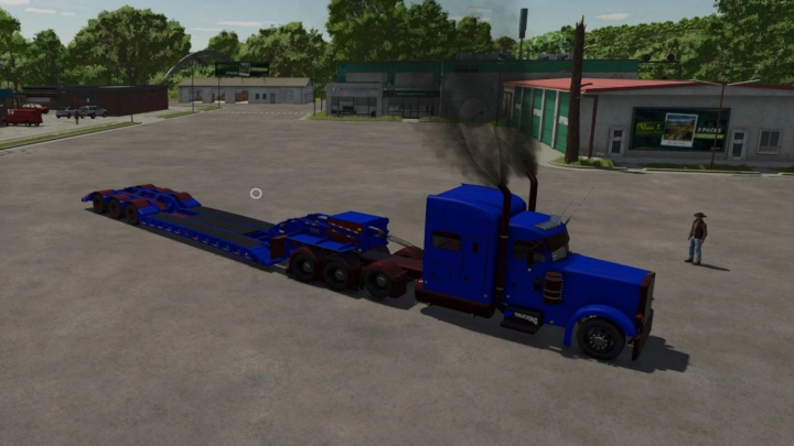 fs25-mods,  FS25 mod Brandt H550 with customizable colors in a game scene, featuring a blue truck and trailer.