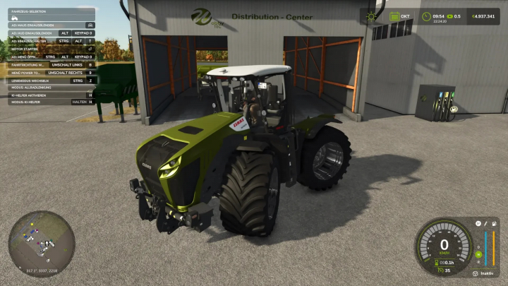 fs25-mods,  CLAAS Xerion 5000 tractor in Farming Simulator 25 mod by WobbyTec, parked at distribution center.