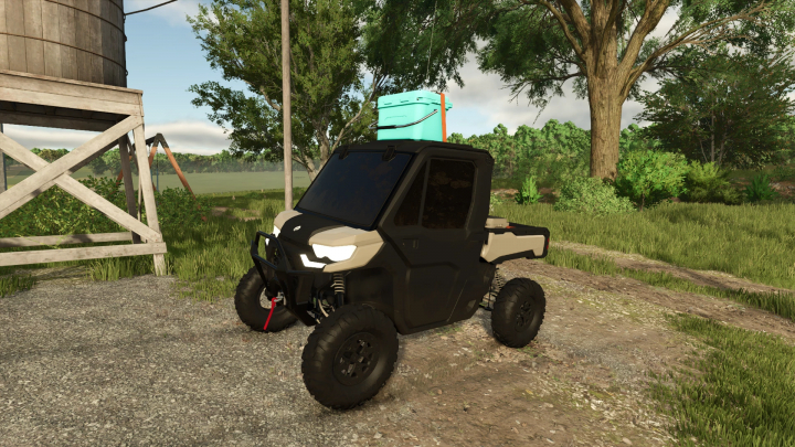 fs25-mods,  Canam Defender mod for FS25 parked on a farm road, showcasing detailed vehicle design.