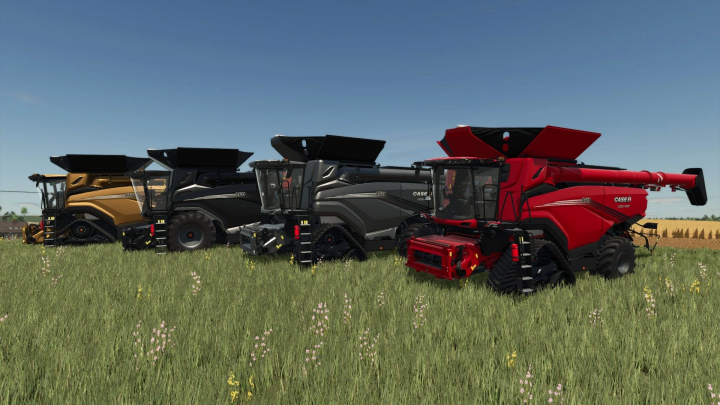 fs25-mods,  Four Case IH harvesters in a row on a farm field in FS25 mods.