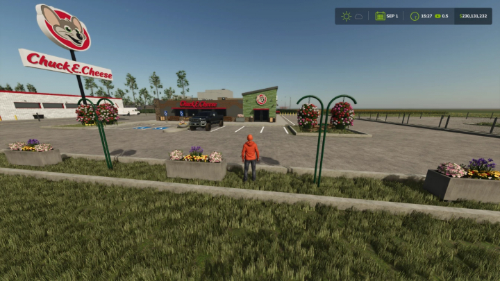 fs25-mods,  FS25 mod Chuck E Cheese v1.0.0.0 shown with parking lot and character in foreground.