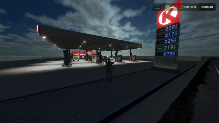 fs25-mods,  FS25 mod Circle K Gas Station v1.0.0.0 at night, showing fuel prices and lighting.