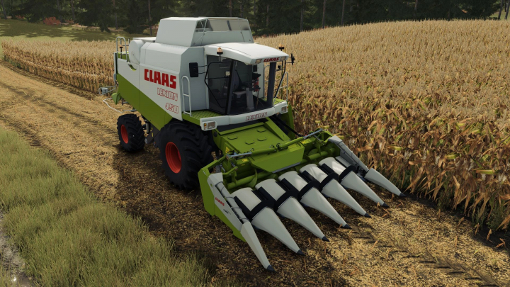 fs25-mods,  FS25 mod Claas Corio 675 FC harvester cutting corn in Farming Simulator 25.