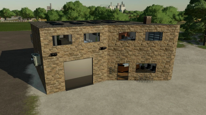 fs25-mods,  Construction yard Stani office v1.0.0.0 mod for FS25, featuring a two-story building with stone facade and large windows.