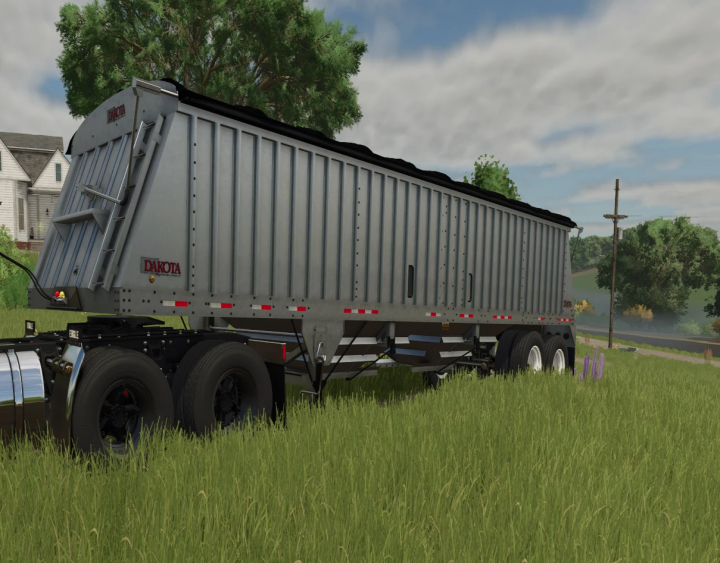 fs25-mods,  FS25 mod DM Dakota 38FT trailer in a grassy field, showcasing Farming Simulator 25 mod details.