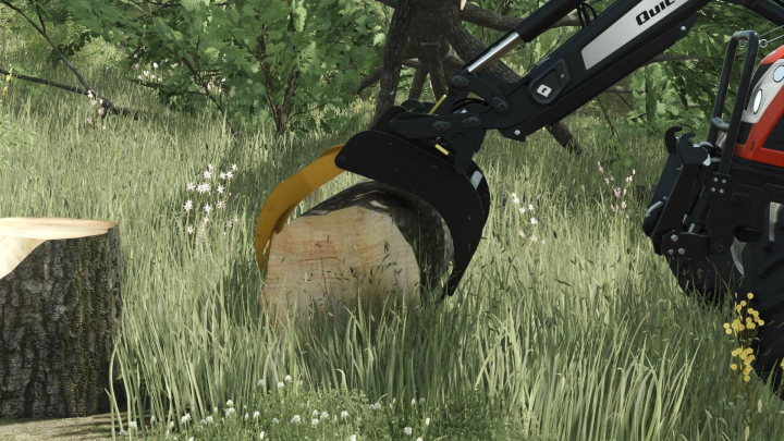 fs25-mods,  FS25 Dalen 2197 mod: Log gripper attachment lifting a log in a grassy field for Farming Simulator 25.