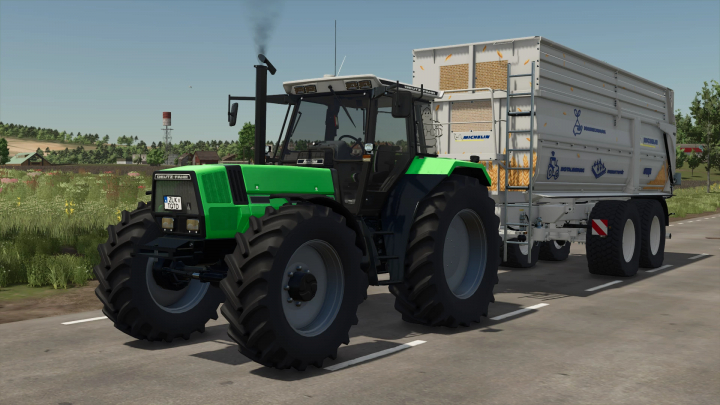 fs25-mods,  FS25 mod Deutz-Fahr Agrostar 6.71/6.81 v2.0.0.0 tractor with trailer in a rural setting.