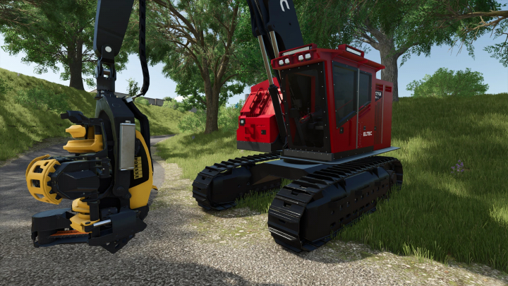 fs25-mods, Red Eltec FH 277B forestry machine in FS25 mod on a forest path.