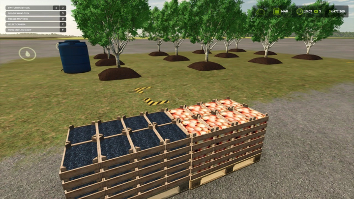 fs25-mods,  FS25 mod screenshot showing fruit trees and crates for Fruit Tree Plantation Update v1.0.0.0.