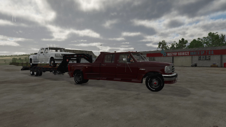 fs25-mods,  FS25 Ford obs truxarossa v1.0.0.0 mod showing two Ford trucks, one red, one white, with a trailer in Farming Simulator 25.