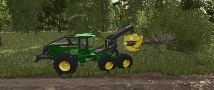 fs25-mods,  FS25 JD 768l mod featuring a forestry vehicle cutting trees in Farming Simulator 25.