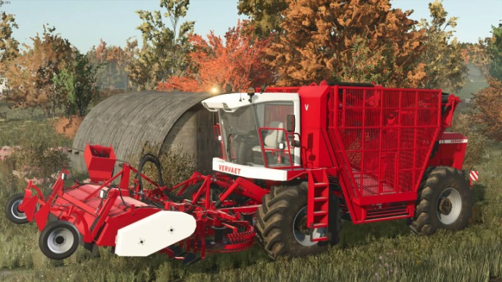 fs25-mods,  FS25 Vervaet 17t v1.0.0.0 harvester mod in Farming Simulator 25, showcasing red machinery in a fall landscape.