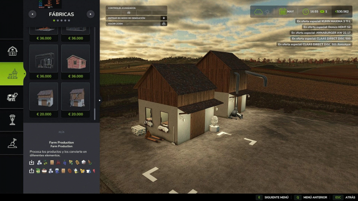 fs25-mods, FS25 Farm Production mod screenshot showing farm buildings and production options.