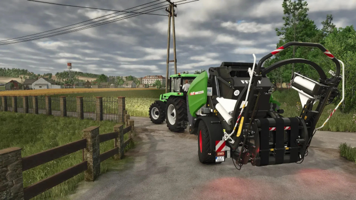 fs25-mods,  FS25 mods: Fendt/MF press pack v1.0.0.0 with a baler on a farm road in Farming Simulator 25.