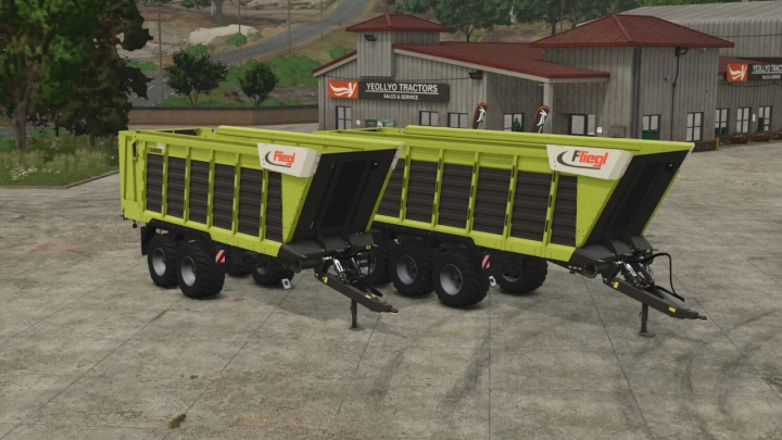 fs25-mods,  FS25 mods: Two green Fliegl Cargos trailers in Farming Simulator 25 parking lot.