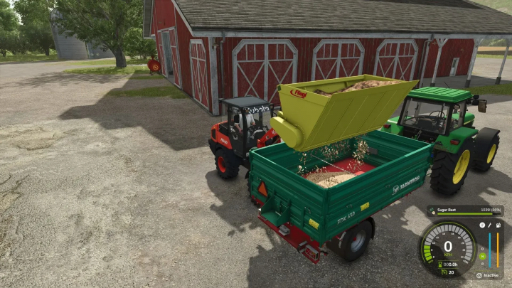 fs25-mods,  FS25 mod: Fliegl Ruby 2000 Shovel unloading beets into trailer beside barn.