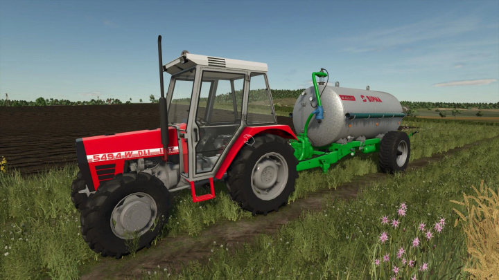 fs25-mods,  IMT 549 W DLI tractor towing equipment in FS25 mod on a dirt road