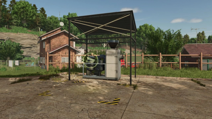 fs25-mods,  FS25 Improved Productions mod showcasing a machine under a canopy, set in a rural environment with houses and greenery.