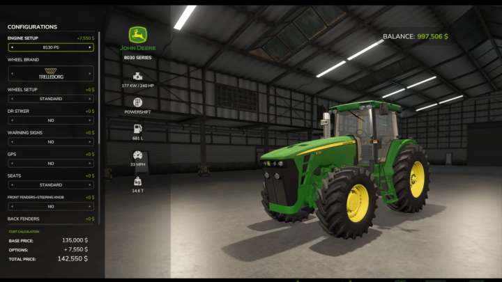 fs25-mods,  FS25 John Deere 8130-8530 mod with configurations displayed in a garage setting.